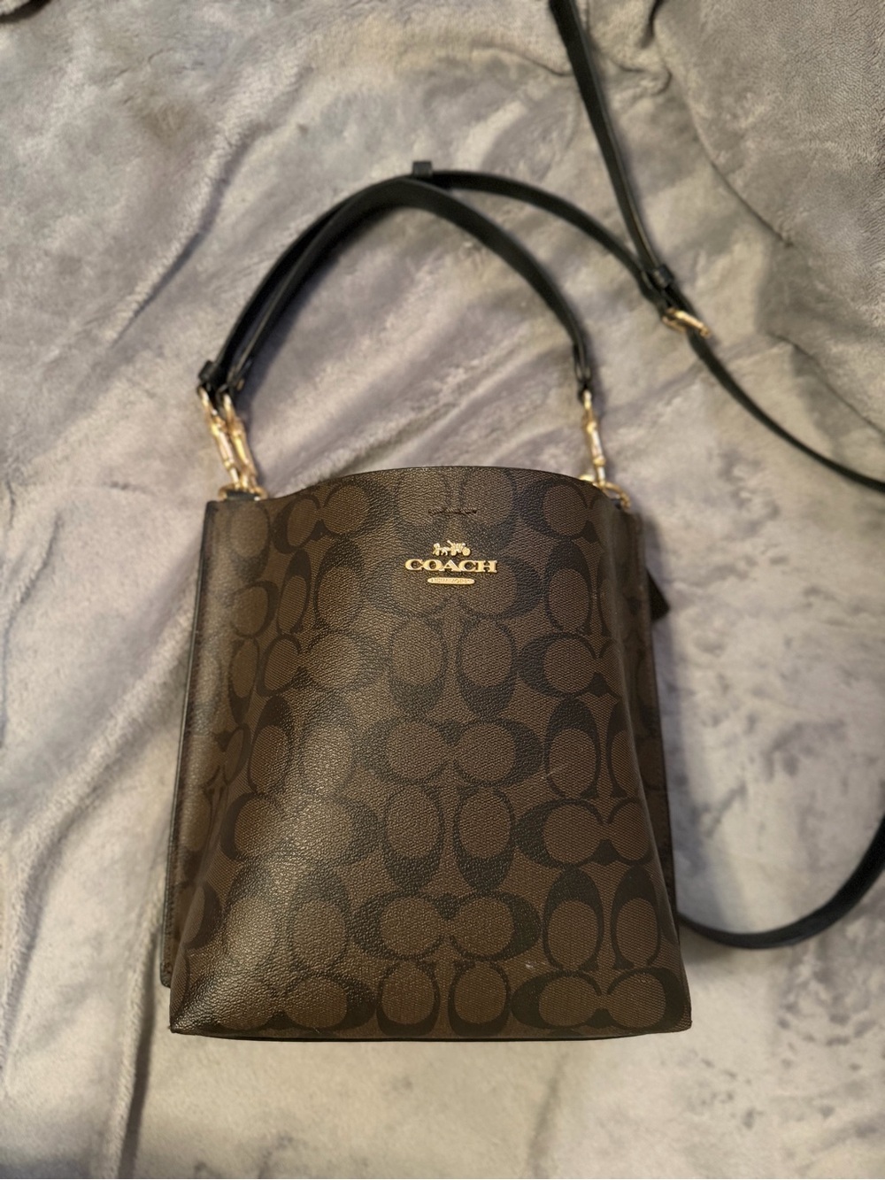 Coach Brown Signature Canvas Crossbody Bucket Bag with Gold Hardware